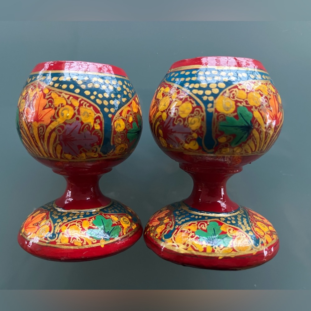 New Kashmiri Papier Mache Handmade hand painted set of 2 egg holder cups 3" tall